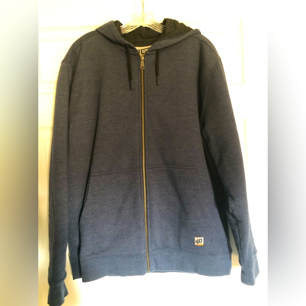 Men’s size, large, medium weight, hooded, lined,medium blue, zip, sweatshirt.